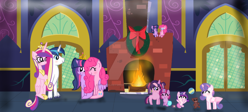 Size: 1280x581 | Tagged: safe, artist:starmelodyshineyt, derpibooru import, pinkie pie, princess cadance, princess flurry heart, shining armor, twilight sparkle, twilight sparkle (alicorn), oc, oc:candy twinkle, oc:crystal heart, oc:sparkle lights, alicorn, pony, christmas, family, female, fireplace, holiday, hug, lesbian, magical lesbian spawn, male, offspring, parent:pinkie pie, parent:princess cadance, parent:shining armor, parent:twilight sparkle, parents:shiningcadance, parents:twinkie, shiningcadance, shipping, straight, twinkie, winghug