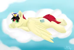 Size: 4292x2893 | Tagged: safe, alternate version, artist:saxpony, derpibooru import, care package, special delivery, pegasus, pony, cloud, digital painting, looking at you, lying down, mailpony, male, painting, stallion