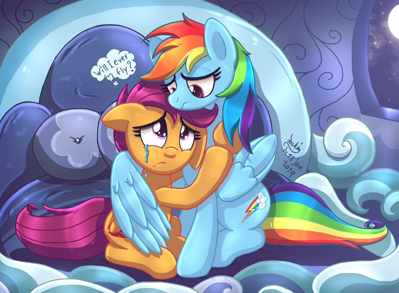 Size: 2455x1800 | Tagged: safe, alternate version, artist:joakaha, derpibooru import, rainbow dash, scootaloo, pegasus, pony, bed, comforting, crying, duo, female, filly, hug, mare, scootaloo can't fly, scootasad, winghug