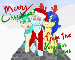 Size: 1200x960 | Tagged: safe, artist:voraciouscutie, derpibooru import, oc, oc:blueberry crepe, oc:dutchie mills, oc:frozen star, unofficial characters only, earth pony, pegasus, pony, adorable face, animated, christmas, clothes, cute, fake antlers, gif, hat, holiday, santa hat, scarf, snow, winter