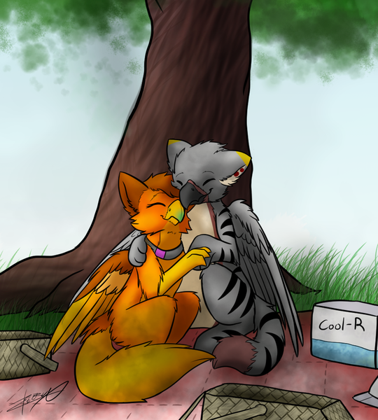 Size: 900x1000 | Tagged: safe, artist:xeirla, derpibooru import, oc, oc:amber wing, oc:caedis animus, unofficial characters only, gryphon, basket, collar, cuddling, griffonized, picnic, picnic basket, picnic blanket, species swap, under the tree