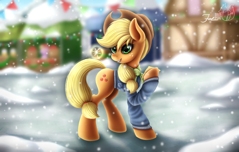 Size: 3070x1954 | Tagged: safe, artist:hoodiefoxy, derpibooru import, applejack, earth pony, pony, cowboy hat, female, hat, mare, ponyville, smiling, snow, snowfall, stetson