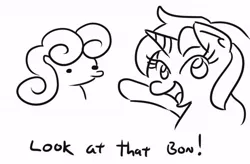 Size: 602x395 | Tagged: safe, artist:jargon scott, derpibooru import, bon bon, lyra heartstrings, sweetie drops, earth pony, pony, unicorn, black and white, bon bon is not amused, bust, dialogue, duo, female, grayscale, looking at you, mare, monochrome, open mouth, pointing, simple background, unamused, white background