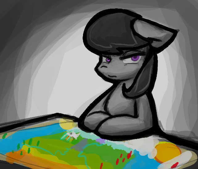Size: 642x547 | Tagged: safe, artist:zutcha, derpibooru import, octavia melody, earth pony, pony, board game, female, floppy ears, glare, gradient background, looking at you, mare, risk, solo, unamused