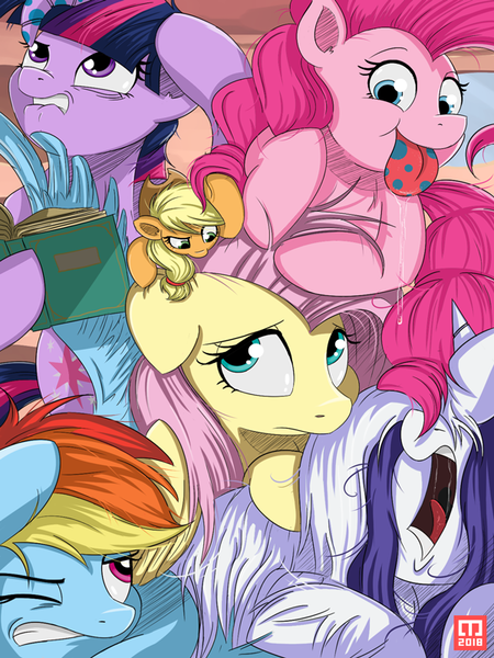 Size: 600x800 | Tagged: safe, artist:pyroprye, derpibooru import, applejack, fluttershy, pinkie pie, rainbow dash, rarity, twilight sparkle, pony, bridle gossip, appletini, book, flutterguy, hairity, mane six, micro, rainbow crash, spitty pie, twilight flopple