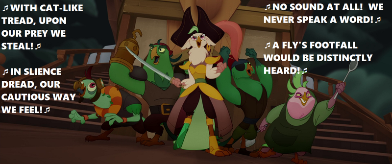 Size: 1536x644 | Tagged: amputee, bird, boyle, captain celaeno, cloud, derpibooru import, ear piercing, earring, edit, edited screencap, eyepatch, gilbert and sullivan, hat, hook, jewelry, ladle, life ring, lix spittle, lyrics, mullet (character), murdock, music notes, my little pony: the movie, opera, parrot pirates, peg leg, piercing, pirate, pirate ship, prosthetic leg, prosthetic limb, prosthetics, safe, screencap, singing, song reference, squabble, stairs, sword, text, the pirates of penzance, time to be awesome, weapon, with cat-like tread