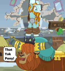 Size: 1280x1395 | Tagged: a rockhoof and a hard place, cracks, crown, derpibooru import, edit, edited screencap, flower pot, happy, hole in the wall, hut, jewelry, meme, not asking for trouble, open mouth, prince rutherford, regalia, rockhoof, rockhoof's shovel, safe, school of friendship, screencap, season 7, season 8, shovel, smashing, speech bubble, spoiler:s08, text, that's my pony, that's my x, wide eyes, yak, yakyakistan
