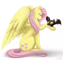 Size: 1028x997 | Tagged: safe, artist:scarletsfeed, derpibooru import, fluttershy, bat, pony, female, kamen rider, kamen rider kiva, kivat-bat the 2nd, mare, simple background, smiling, white background