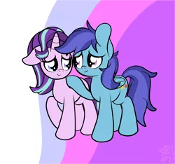 Size: 1842x1727 | Tagged: safe, artist:kimjoman, derpibooru import, starlight glimmer, oc, oc:sierra nightingale, pegasus, pony, unicorn, canon x oc, cute, female, glimmgale, looking at each other, male, self insert