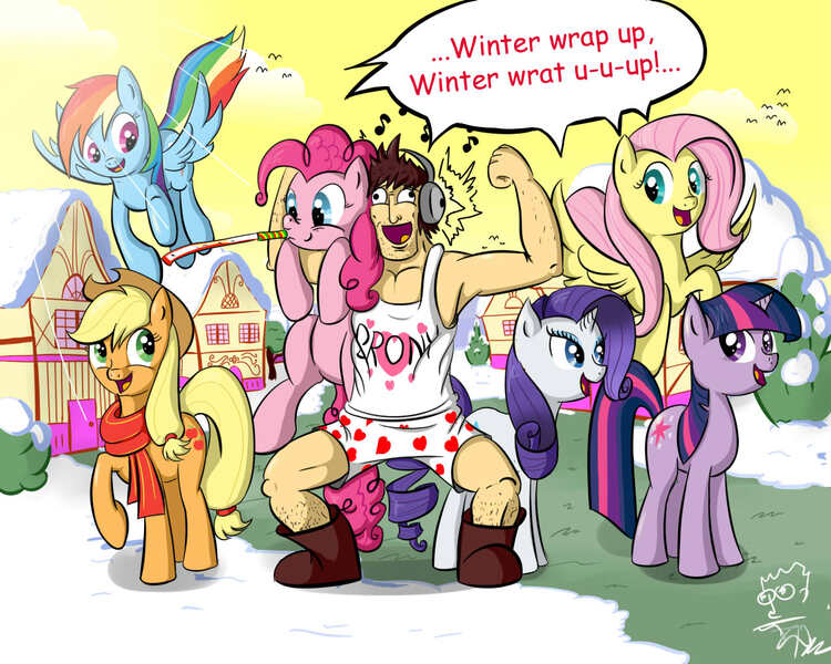 Size: 1280x1024 | Tagged: safe, artist:darthagnan, derpibooru import, applejack, fluttershy, pinkie pie, rainbow dash, rarity, twilight sparkle, human, pony, winter wrap up, blowout, boots, boxers, brony, clothes, headphones, heart, heart print underwear, human in equestria, mane six, music notes, noisemaker, party horn, ponyville, scarf, shirt, shoes, snow, text, underwear