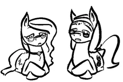 Size: 666x444 | Tagged: safe, artist:tempusfidgets, deleted from derpibooru, derpibooru import, oc, oc:autumn bramble, oc:tempus fidgets, earth pony, pony, exhausted, female, male, monochrome, siblings, simple background