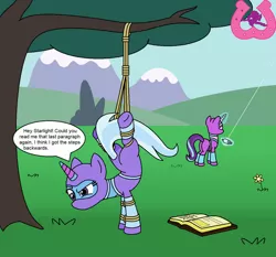 Size: 1024x954 | Tagged: safe, artist:author92, derpibooru import, starlight glimmer, trixie, pony, unicorn, alternate costumes, bondage, book, brightly colored ninjas, clothes, kite, kite flying, kunoichi, magic suppression, mask, ninja, rope, self bondage, that pony sure does love kites