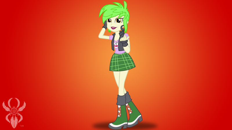 Size: 6830x3840 | Tagged: safe, artist:legendaryspider, derpibooru import, cherry crash, equestria girls, equestria girls series, background human, bedroom eyes, boots, clothes, come hither, ear piercing, earring, fingerless gloves, gloves, jacket, jewelry, leather jacket, looking at you, miniskirt, piercing, plaid skirt, ripped, ripped shirt, shirt, shoes, short hair, show accurate, simple background, skirt, smiling