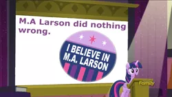 Size: 1366x768 | Tagged: safe, artist:pixelkitties, derpibooru import, edit, edited screencap, screencap, twilight sparkle, twilight sparkle (alicorn), alicorn, pony, the cutie re-mark, 1000 years in photoshop, button, discovery family logo, happy, hitler did nothing wrong, i believe in m.a. larson, m.a. larson, meme, mouthpiece, podium, presentation, projection, shitposting, solo, spotlight