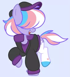 Size: 1155x1270 | Tagged: safe, artist:unicorn-mutual, derpibooru import, oc, oc:scooter, earth pony, pony, clothes, hat, jacket, male, purple background, simple background, solo, stallion