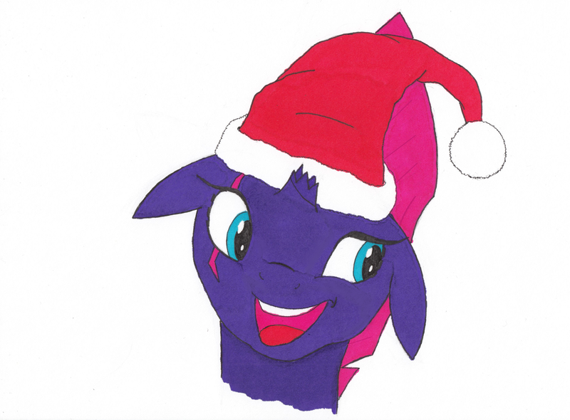 Size: 3344x2468 | Tagged: safe, artist:fizzban08, derpibooru import, fizzlepop berrytwist, tempest shadow, pony, unicorn, broken horn, christmas, cute, eye scar, female, hat, holiday, horn, mare, open mouth, santa hat, scar, simple background, solo, tempestbetes, traditional art, white background