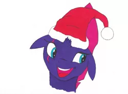 Size: 3344x2468 | Tagged: safe, artist:fizzban08, derpibooru import, fizzlepop berrytwist, tempest shadow, pony, unicorn, broken horn, christmas, cute, eye scar, female, hat, holiday, horn, mare, open mouth, santa hat, scar, simple background, solo, tempestbetes, traditional art, white background