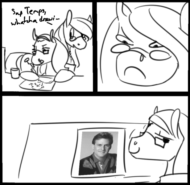 Size: 832x810 | Tagged: safe, artist:tempusfidgets, deleted from derpibooru, derpibooru import, oc, oc:autumn bramble, oc:tempus fidgets, earth pony, pony, comic, dave coulier, drawing, female, male, monochrome, siblings