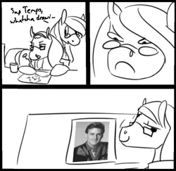 Size: 832x810 | Tagged: safe, artist:tempusfidgets, deleted from derpibooru, derpibooru import, oc, oc:autumn bramble, oc:tempus fidgets, earth pony, pony, comic, dave coulier, drawing, female, male, monochrome, siblings