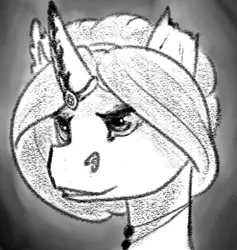 Size: 669x706 | Tagged: safe, artist:tempusfidgets, deleted from derpibooru, derpibooru import, oc, oc:taffeta, pony, unicorn, bust, female, monochrome, simple background, solo, torn ear