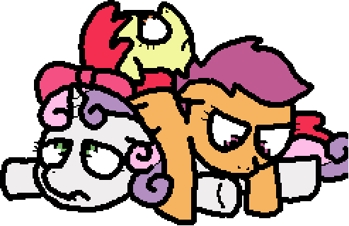 Size: 493x319 | Tagged: safe, artist:pokehidden, derpibooru import, apple bloom, scootaloo, sweetie belle, pony, banned from equestria daily, spoiler:banned from equestria daily 1.5, cutie mark crusaders, female, pixel art, sad, simple background, transparent background, trio