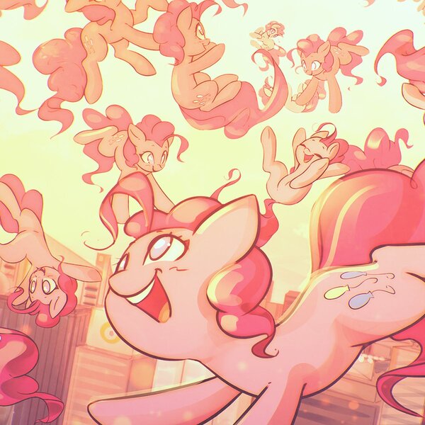 Size: 1200x1200 | Tagged: safe, artist:mirroredsea, derpibooru import, pinkie pie, earth pony, pony, too many pinkie pies, building, city, cityscape, clone, clones, falling, female, mare, multeity, open mouth, skyscraper, skyscrapers, smiling, too much pink energy is dangerous, xk-class end-of-the-world scenario