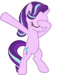 Size: 813x1024 | Tagged: safe, artist:uigsyvigvusy, artist:wissle, derpibooru import, starlight glimmer, pony, unicorn, bipedal, covering eyes, cute, dab, eyes closed, facehoof, female, glimmerbetes, mare, simple background, smiling, solo, trace, transparent background, vector