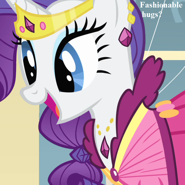 Size: 882x882 | Tagged: safe, derpibooru import, edit, edited screencap, screencap, rarity, pony, a bird in the hoof, bronybait, clothes, cropped, cute, dialogue, dress, ear piercing, earring, fashion, gala dress, hug request, jewelry, piercing, raribetes, sugarcube corner, tiara