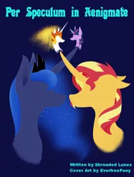 Size: 600x790 | Tagged: safe, artist:pony-from-everfree, derpibooru import, daybreaker, princess luna, sunset shimmer, twilight sparkle, pony, unicorn, fanfic, armor, bust, cover art, crown, digital art, fanfic art, female, jewelry, latin, mare, regalia, simple, simple background