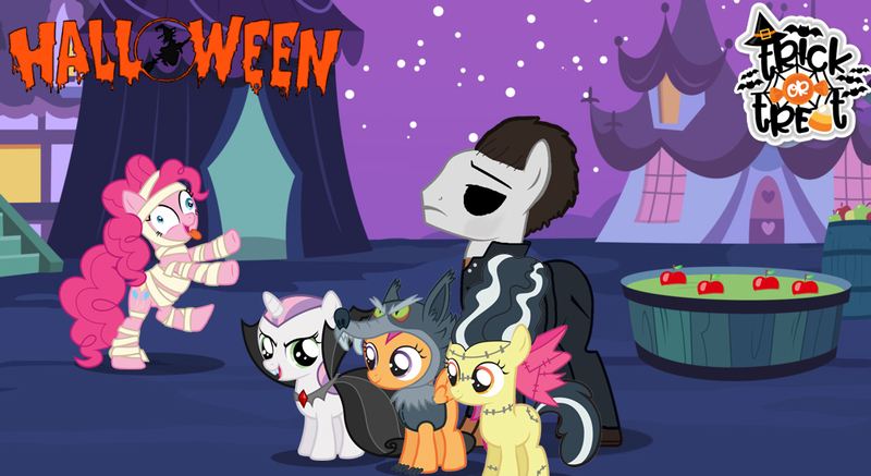 Size: 1024x559 | Tagged: safe, artist:balabinobim, derpibooru import, apple bloom, pinkie pie, scootaloo, sweetie belle, pony, halloween, holiday, horror, michael myers, movie, movie reference, reference, trick or treat