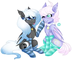 Size: 1732x1450 | Tagged: safe, artist:nekomellow, derpibooru import, oc, oc:crescent charm, oc:moonlight melody, unofficial characters only, bat pony, pony, bell, bell collar, boop, clothes, collar, colorful, commission, cute, femboy, male, simple background, socks, stockings, striped socks, thigh highs, tongue out, transparent background