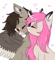 Size: 1564x1716 | Tagged: safe, artist:avrameow, derpibooru import, oc, oc:tarot, oc:xor, unofficial characters only, classical unicorn, pony, sphinx, unicorn, blushing, cloven hooves, couple, cuddling, cute, ear piercing, eyes closed, female, floppy ears, fluffy, interspecies, kissing, leonine tail, love, male, mare, oc x oc, one eye closed, piercing, romantic, shipping, snuggling, sphinx oc, straight, taror, unshorn fetlocks, weapons-grade cute, wings