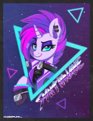 Size: 1357x1760 | Tagged: safe, artist:ciderpunk, derpibooru import, oc, oc:synthwave, unofficial characters only, pony, unicorn, 80s, bust, clothes, cyberpunk, ear piercing, earring, eyeshadow, gloves, glowstick, jewelry, looking at you, makeup, not rarity, piercing, poster, punk, retrowave, synthwave, vest