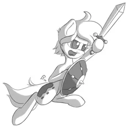 Size: 1342x1336 | Tagged: safe, artist:elppajack, derpibooru import, oc, oc:ink drop, pony, monochrome, shield, solo, sword, weapon