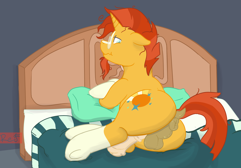 Size: 3100x2160 | Tagged: explicit, artist:red note, derpibooru import, sunburst, pony, anus, backsack, balls, bed, butt, dock, facial hair, glasses, goatee, horsecock, male, nudity, penis, plot, rear view, solo, solo male