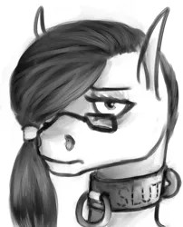 Size: 609x754 | Tagged: suggestive, artist:tempusfidgets, deleted from derpibooru, derpibooru import, oc, oc:tempus fidgets, earth pony, pony, bust, collar, male, monochrome, simple background, slut, solo, solo male