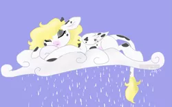 Size: 1785x1114 | Tagged: safe, artist:starfox365, derpibooru import, oc, oc:udella, unofficial characters only, cow, cow pony, pegasus, pony, cloud, female, milk, pegacow, sleeping, solo