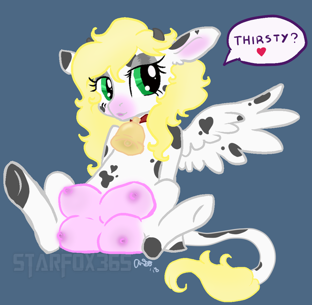 Size: 1108x1083 | Tagged: questionable, artist:starfox365, derpibooru import, oc, oc:udella, unofficial characters only, cow, cow pony, pegasus, pony, female, multiple crotchboobs, nipples, nudity, pegacow, solo, text, thirsty, udder