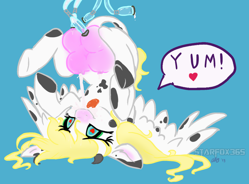 Size: 1840x1359 | Tagged: questionable, artist:starfox365, derpibooru import, oc, oc:udella, unofficial characters only, cow, cow pony, pegasus, pony, female, fetish, heart eyes, milk, milking, milking fetish, milking machine, multiple crotchboobs, udder, wingding eyes