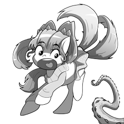 Size: 4000x4000 | Tagged: safe, artist:petirep, derpibooru import, oc, unofficial characters only, pony, buck legacy, black and white, body horror, card art, clothes, cthulhu, eldritch abomination, female, grayscale, mare, miniskirt, monochrome, open mouth, pigtails, running, scared, screaming, simple background, skirt, tentacles, transparent background