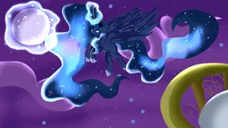 Size: 3000x1687 | Tagged: safe, artist:xxcutecookieswirlsxx, derpibooru import, princess luna, alicorn, pony, ethereal mane, flying, full moon, galaxy mane, glowing horn, hoof shoes, horn, magic, missing cutie mark, moon, night, solo, telekinesis