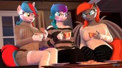 Size: 1920x1080 | Tagged: safe, artist:anthroponiessfm, derpibooru import, oc, oc:audina puzzle, oc:aurora starling, oc:grem, unofficial characters only, anthro, bat pony, 3d, bat pony oc, bat wings, blushing, clothes, coffee mug, cookie, cute, ear piercing, earring, female, food, glasses, heterochromia, jewelry, looking at each other, mug, piercing, socks, source filmmaker, striped socks, sweater, wings