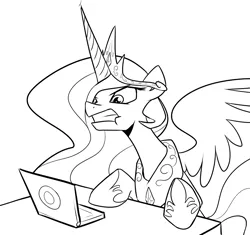 Size: 1700x1600 | Tagged: safe, artist:miketheuser, derpibooru import, princess celestia, alicorn, pony, angry, computer, female, hoof shoes, laptop computer, lineart, mare, monochrome, simple background, solo, spread wings, white background, wings