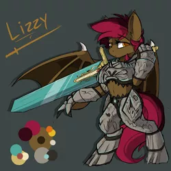 Size: 3001x3001 | Tagged: safe, artist:beardie, derpibooru import, oc, oc:lizzy, unofficial characters only, anthro, bat pony, armor, bat pony oc, bat wings, sword, weapon, wings