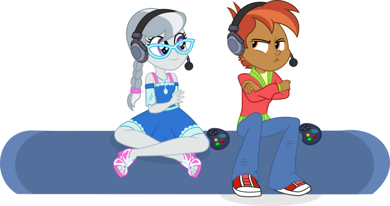 Size: 5212x2764 | Tagged: safe, artist:punzil504, derpibooru import, button mash, silver spoon, equestria girls, braided ponytail, buttonbetes, clothes, controller, cute, dress, feet, female, gamer, glasses, headset, high heels, male, pants, sandals, shoes, silverbetes, simple background, sitting, smiling, sneakers, transparent background, vector