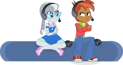 Size: 5212x2764 | Tagged: safe, artist:punzil504, derpibooru import, button mash, silver spoon, equestria girls, braided ponytail, buttonbetes, clothes, controller, cute, dress, feet, female, gamer, glasses, headset, high heels, male, pants, sandals, shoes, silverbetes, simple background, sitting, smiling, sneakers, transparent background, vector
