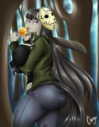Size: 3600x4600 | Tagged: suggestive, alternate version, artist:chango-tan, derpibooru import, octavia melody, anthro, absurd resolution, ass, big breasts, boobs and butt pose, breasts, busty octavia, butt, candy, clothes, crossover, erect nipples, female, food, friday the 13th, hockey mask, huge breasts, jason voorhees, jeans, lollipop, looking at you, machete, mask, midriff, multiple variants, nipple outline, pants, shirt, solo, solo female, tanktop, the ass was fat, tongue out, treblebutt