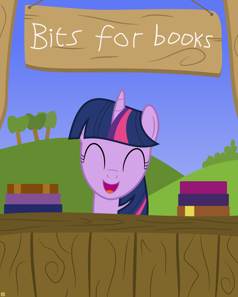 Size: 4000x5000 | Tagged: safe, artist:devfield, derpibooru import, twilight sparkle, pony, absurd resolution, bits, book, bookhorse, bush, cute, eyes closed, happy, hill, show accurate, sign, sky, smiling, solo, stall, tree, twiabetes, vector, vendor, wood, yay
