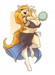 Size: 713x978 | Tagged: suggestive, artist:bigdad, derpibooru import, oc, oc:honey blossom, unofficial characters only, anthro, earth pony, unguligrade anthro, anthro oc, belly button, belly dancer, big breasts, breasts, cleavage, clothes, commission, dancing, female, huge breasts, mare, midriff, musical instrument, open mouth, romani, smiling, solo, solo female, tambourine, tongue out