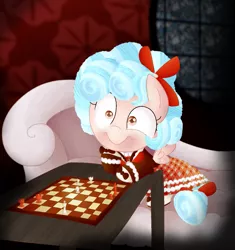 Size: 1463x1558 | Tagged: safe, artist:andromedasparkz, derpibooru import, cozy glow, pegasus, pony, checkmate, chess, couch, creepy, creepy smile, female, filly, implied anon, offscreen character, pure concentrated unfiltered evil of the utmost potency, pure unfiltered evil, smiling, tartan